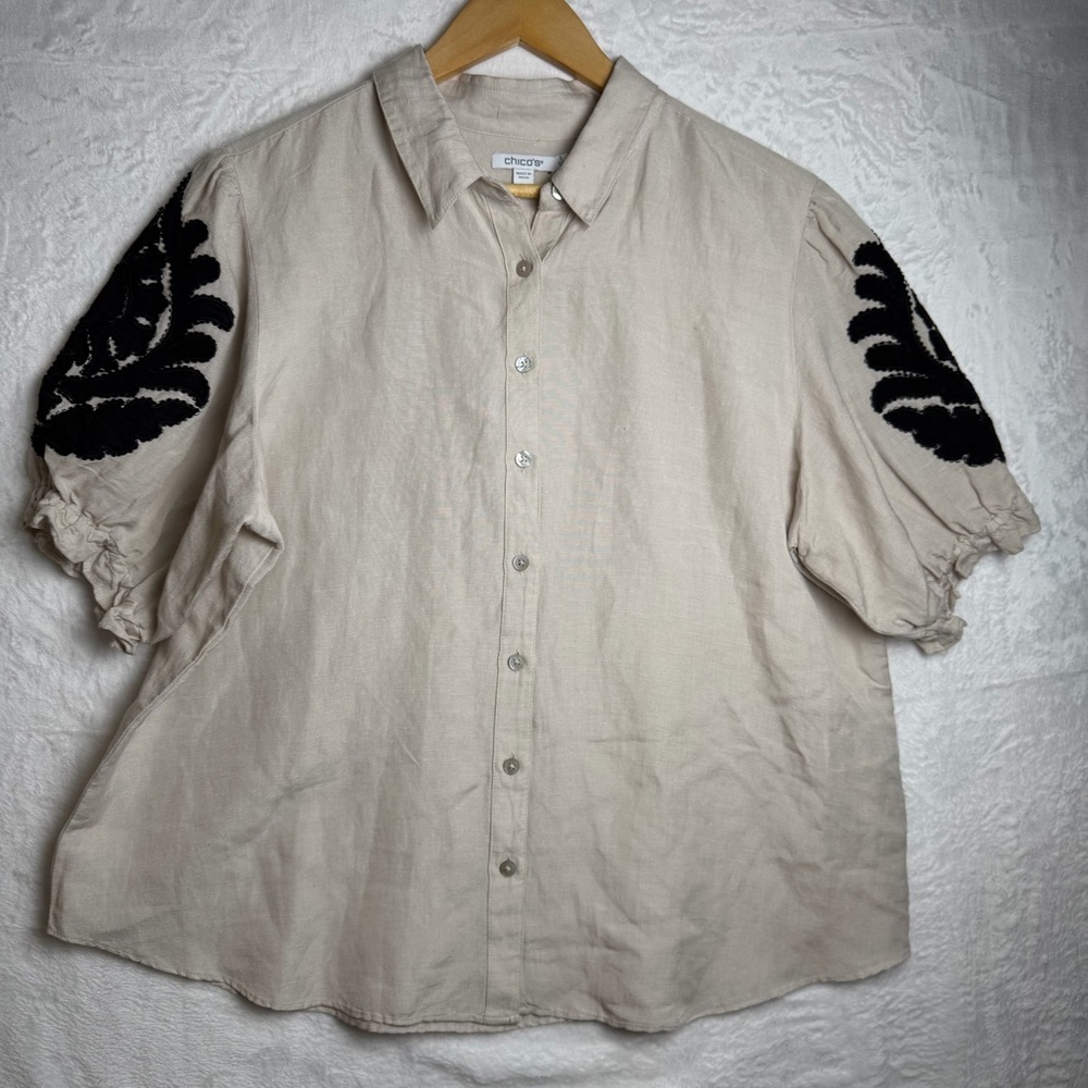 Chicos Puff Sleeve Linen Blend Shirt, Size 3 = 14
**Shirt only this listing** - Picture 2 of 10
